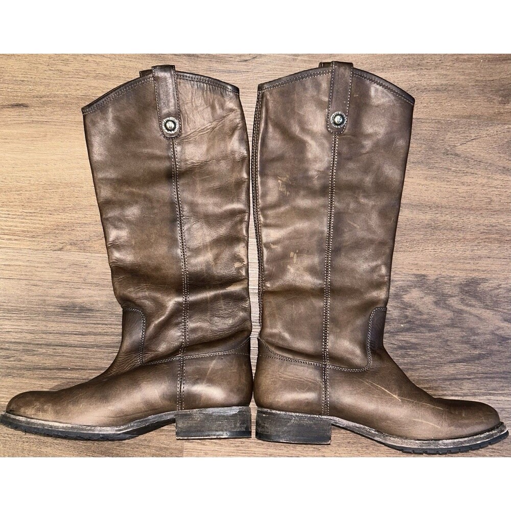 FRYE Melissa Button Tall Distressed Cognac Brown Leather Riding Boots Sz 7.5